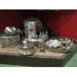 A collection of silver plated items including tray, bon bon dishes, coasters, cutlery, 'Gancia'