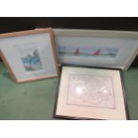 Three framed and glazed prints to include J & C Walker map of Norfok, "Sailing at Rock" and "Boy