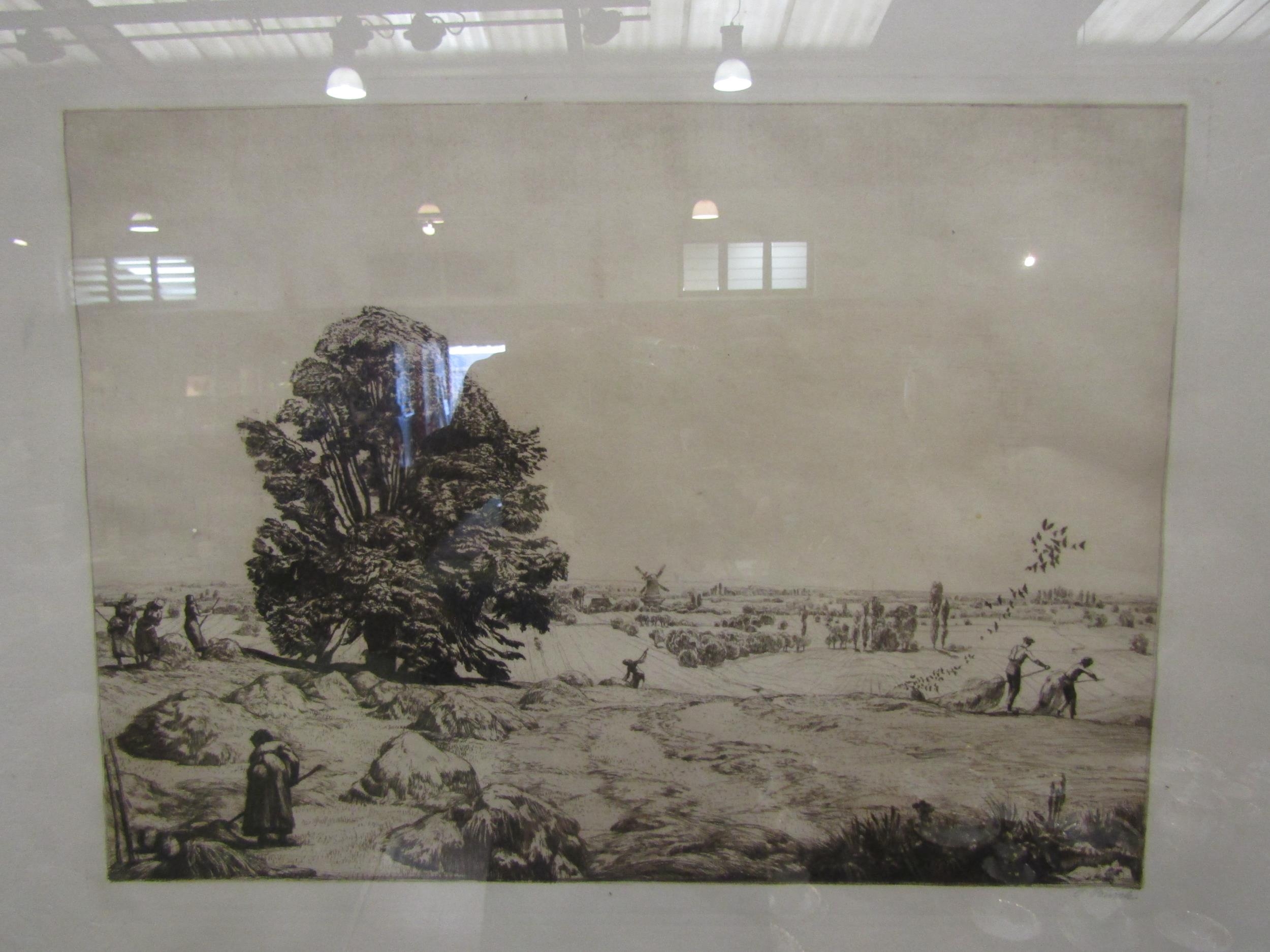 Two engravings, town scene and "Bring in the Harvest", both framed and glazed, 41cm x 55cm - Image 2 of 3