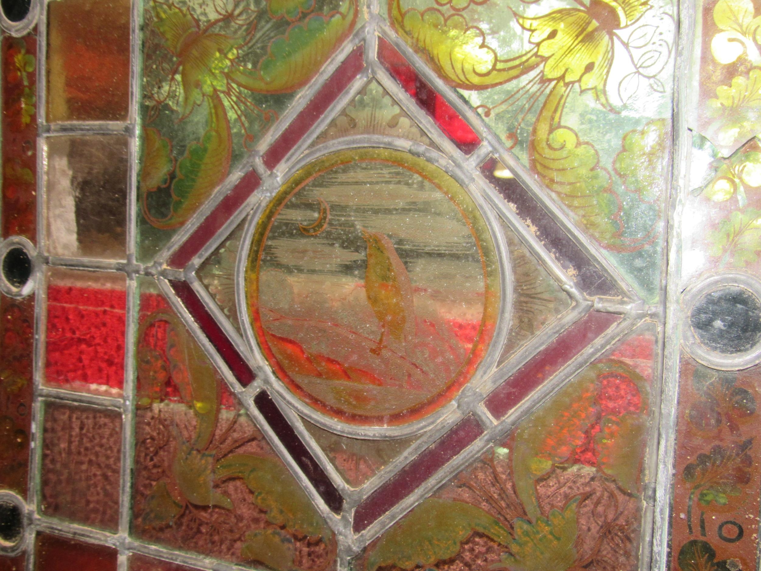A pair of leaded/stained glass windows each 64cm x 46cm with avian/foliate decoration, a/f - Image 3 of 3
