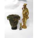 Three Oriental items including elephant handled resin vase (29cm high), resin figure and soapstone