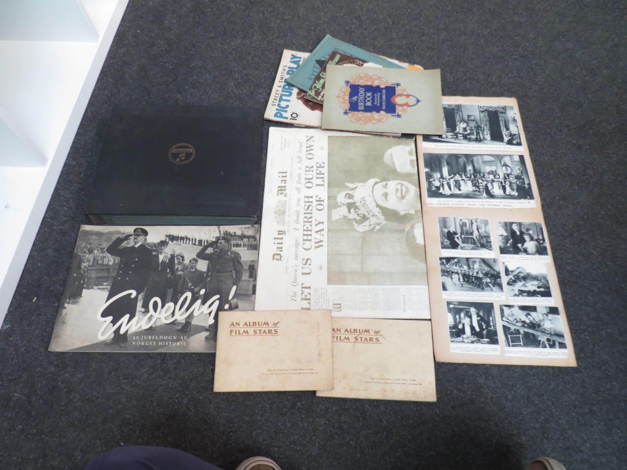 Assorted ephemera including "Endelig!" book documenting the end of WW2 in Norway, 1930's film