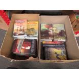 Two boxes of modern 1st editions etc, historical novels and mysteries, including Richard Woodman,