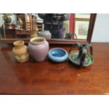 Four pottery items including a Doulton Lambeth lilac glazed vase