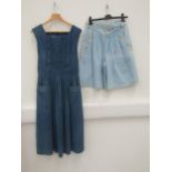 A 1970's blue denim pinafore dress and a pair of Betty Barclay pale blue denim culottes with