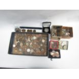 Four small boxes and a tray of British and foreign coinage, copper and silver issues of 19th and