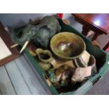 A box of assorted including elephant figurine souvenir, green glazed pottery bowl and jug,
