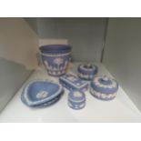 Seven Wedgwood jasperware items including vase, dishes, trinket pots etc