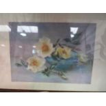 A watercolour in period oak frame, white dog roses in and around a blue ceramic bowl, monogram DKH