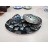 Two Paua shells together with a paua shell figure of a kiwi (3)