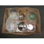 A box of various plated ware and glassware