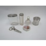 A small quantity of silver and white metal dressing table pots, scent bottle, pair of scissors and