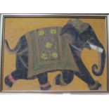 "Elephant, Indian, decorated", cloth fabric (maybe from a larger cloth screen) framed, 40cm x 55cm