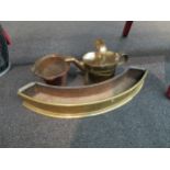 A brass trough fender, watering can and a small copper bucket (3)