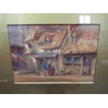 A gilt framed and glazed picture depicting shop fronts and figures, 13cm x 19cm