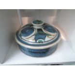 A Studio Pottery lidded Casserole, painted decoration in Aldermaster style by 'Rodnell'. 13cm high x