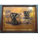 A large copper wall hanging depicting elephants with bone tusks in a 3D form, 65cm x 88cm image size