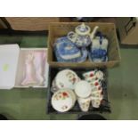 Three mixed boxes of china to include teaset, blue and white transfer ware, Coalport figures, etc