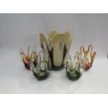 Five art glass "hoop" vases in green, dark amber and caramel colours, tallest 23cm