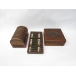 An Indian carved domed top jewellery box, square form jewellery box and abacus (3), 17cm, 16cm and
