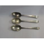 Three silver Georgian spoons, London 1794, 1790 & 1802, monogrammed handles, 183g