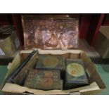 A mixed lot including three large vintage tea tins, copper reposse pictures and prints