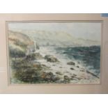 N. LINDSAY: A watercolour of rocky coastal scene, signed lower left, framed and glazed, 23cm x 32cm