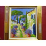 SERGE RENAUDIER: An oil on canvas of continental scene, pathway lined with potted plants, signed