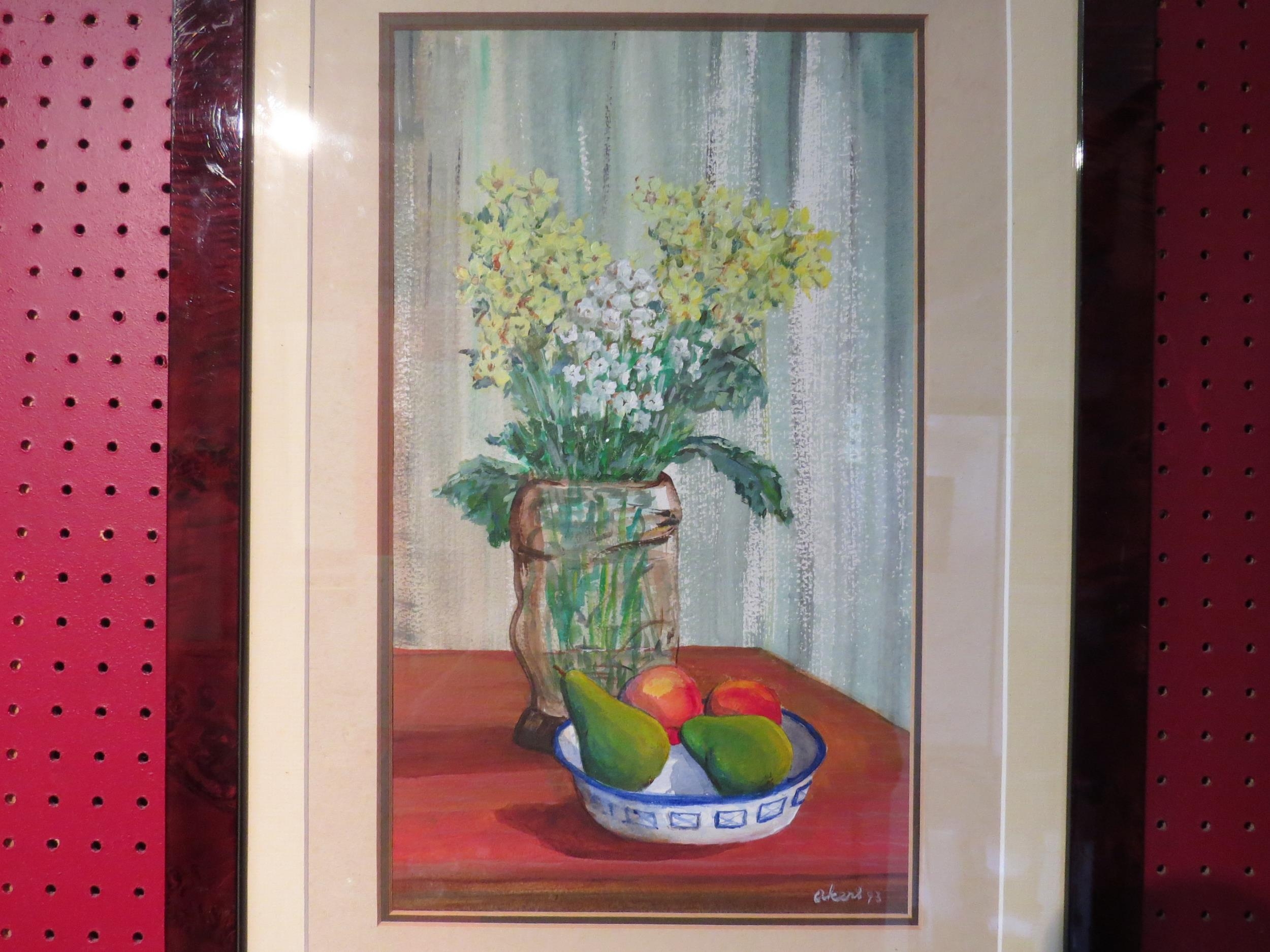 A watercolour of a vase with white and yellow flowers on a table and a bowl of fruit in the