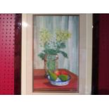 A watercolour of a vase with white and yellow flowers on a table and a bowl of fruit in the