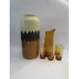 A tall West German vase, 40.5cm high, chip to rim, together with an amber glass lemonade jug with