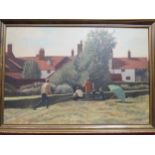 TOM NEAL: An oil on board "Fishermen At Bungay", signed and dated 1975 lower right, framed, 37cm x