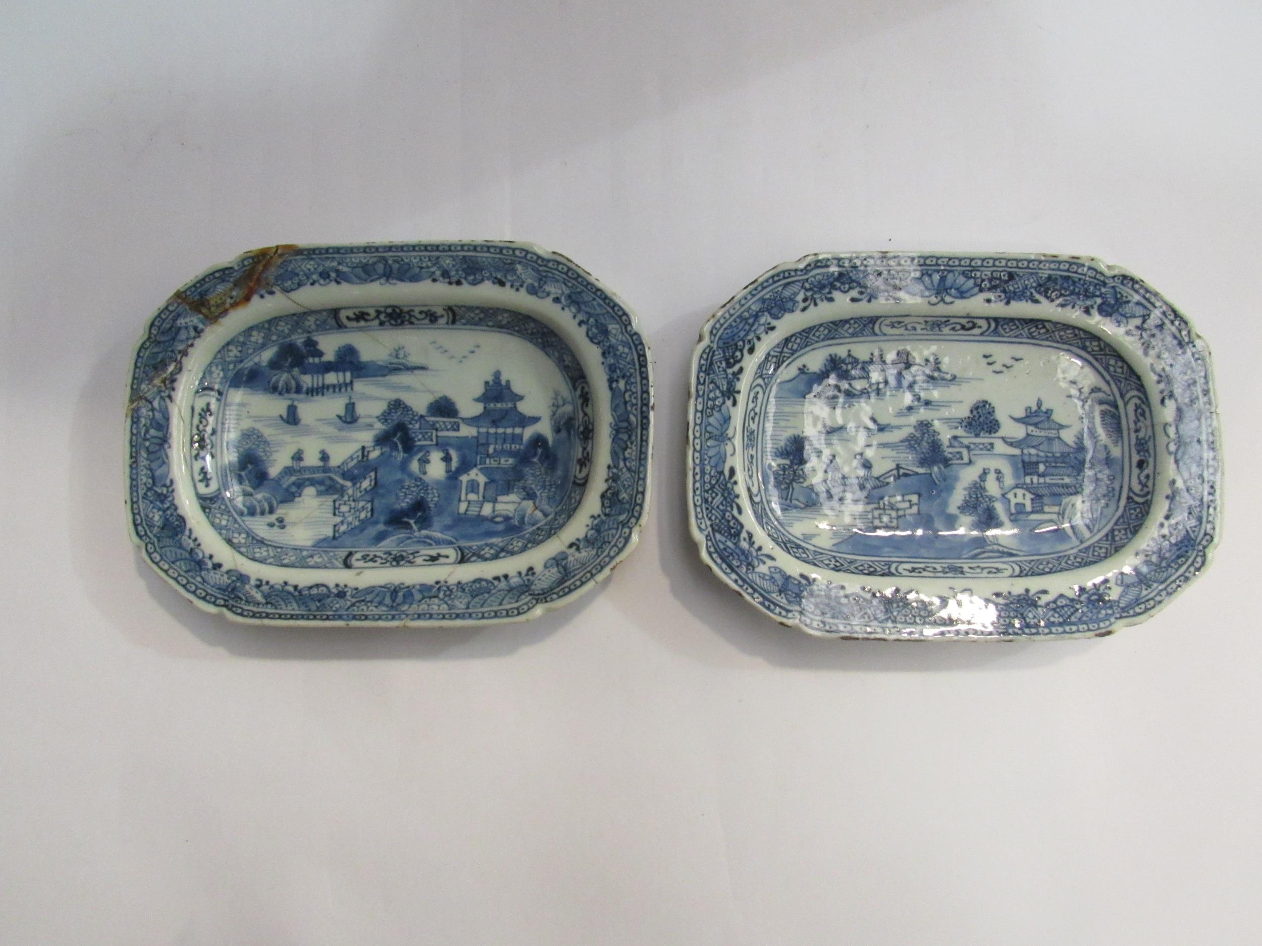 Two Chinese export ware blue and white rectangular plates (2) one a/f, 14cm x 19cm