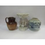 A Doulton Lambeth silver rimmed harvest jug, a Chinese blue and white ginger jar lacking cover a/
