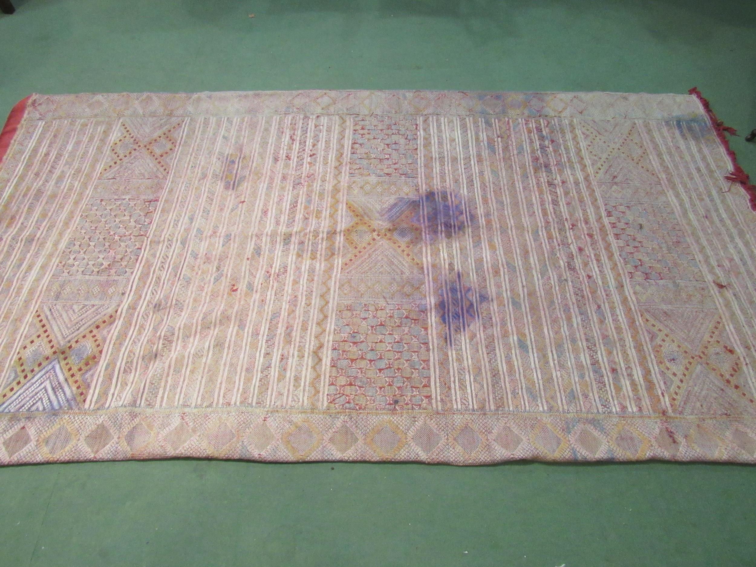 An Eastern hand woven geometric design rug, badly stained, a/f, 316cm x 178cm - Image 6 of 6