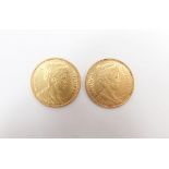 Two Netherlands gold 5 Gulden pieces of Queen Wilhelmina, 1912