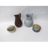Two Victorian stoneware jugs and two Prattware pots complete with lids, one depicting horse