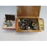 A box of bijouterie including watches, loose stone, brooches, necklaces, etc