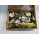 A box of miscellaneous including pocket watches, button hook, whistle, etc