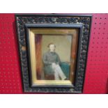 An Edwardian watercolour still life portrait of gentleman with muttonchops seated by table, black