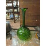 A late 20th Century art glass vase in green with bulbous base and protruding prunts, 42cm high