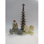 A carved soapstone pagoda 43cm tall, together with onyx horse bookends, a Victorian Staffordshire
