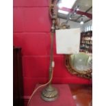 An Edwardian brass column form table lamp with finial and square shade, 61cm high