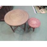 A brass Arabic Benares table with a carved Indian table inlaid with brass (2)