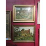 Two 20th Century naive oil on canvas pictures depicting country cottages, one with chickens, one