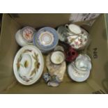 A box of assorted glass and ceramics including Royal Worcester Evesham casserole dish, tea wares etc