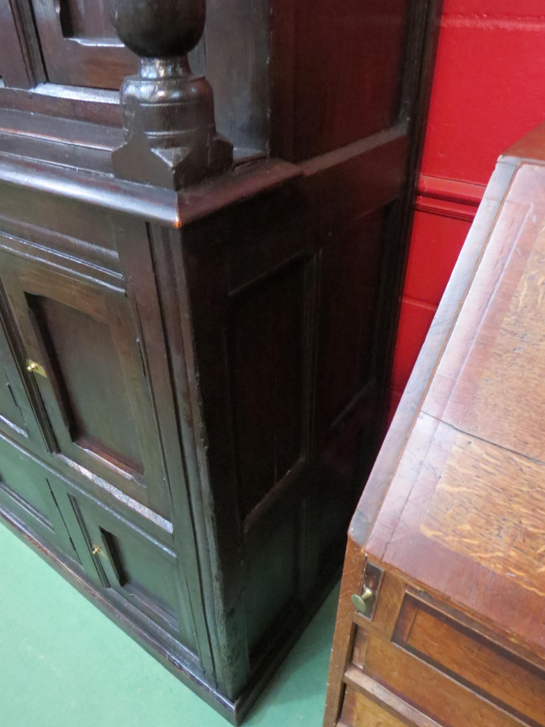 A Circa 1700 English pegged oak court cupboard with unusual bank of nine cupboard panelled doors - Image 2 of 8