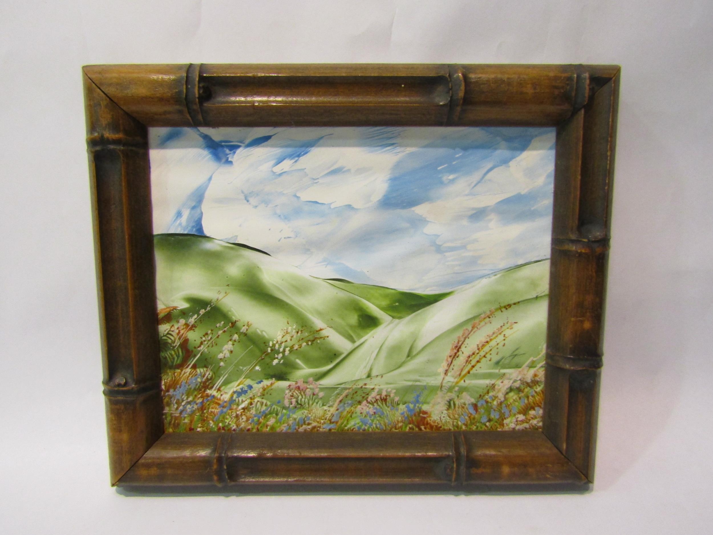 Oil and gouache on paper backed by board in a vintage bamboo frame, a Summer vista of perfect