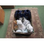 A box containing two pairs of Staffordshire dogs, two pairs of vases, one a/f, egg crock and dish