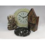 The Greenwich Tea Shop wooden key box, Howdens iron pot stand, Roger Lascellen tin clock and a